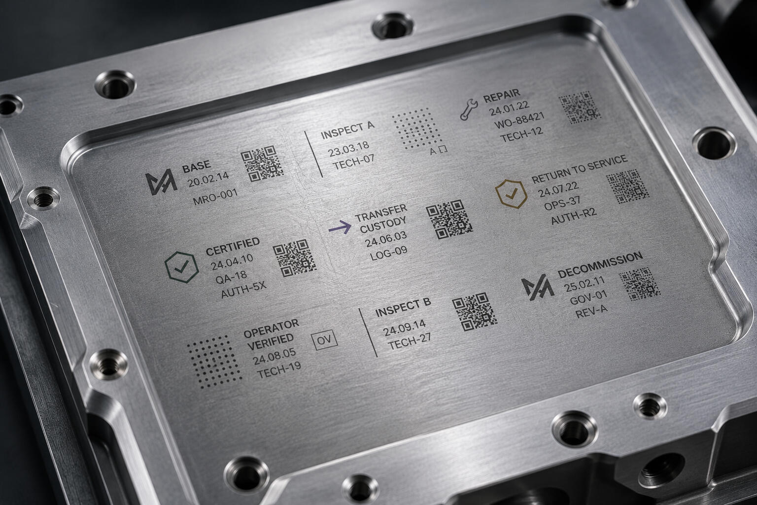 Close-up aerospace-grade metallic surface showing embedded reversible lifecycle governance marking integrated directly into the asset layer through MagMeta’s Base → Mark → Protect methodology.