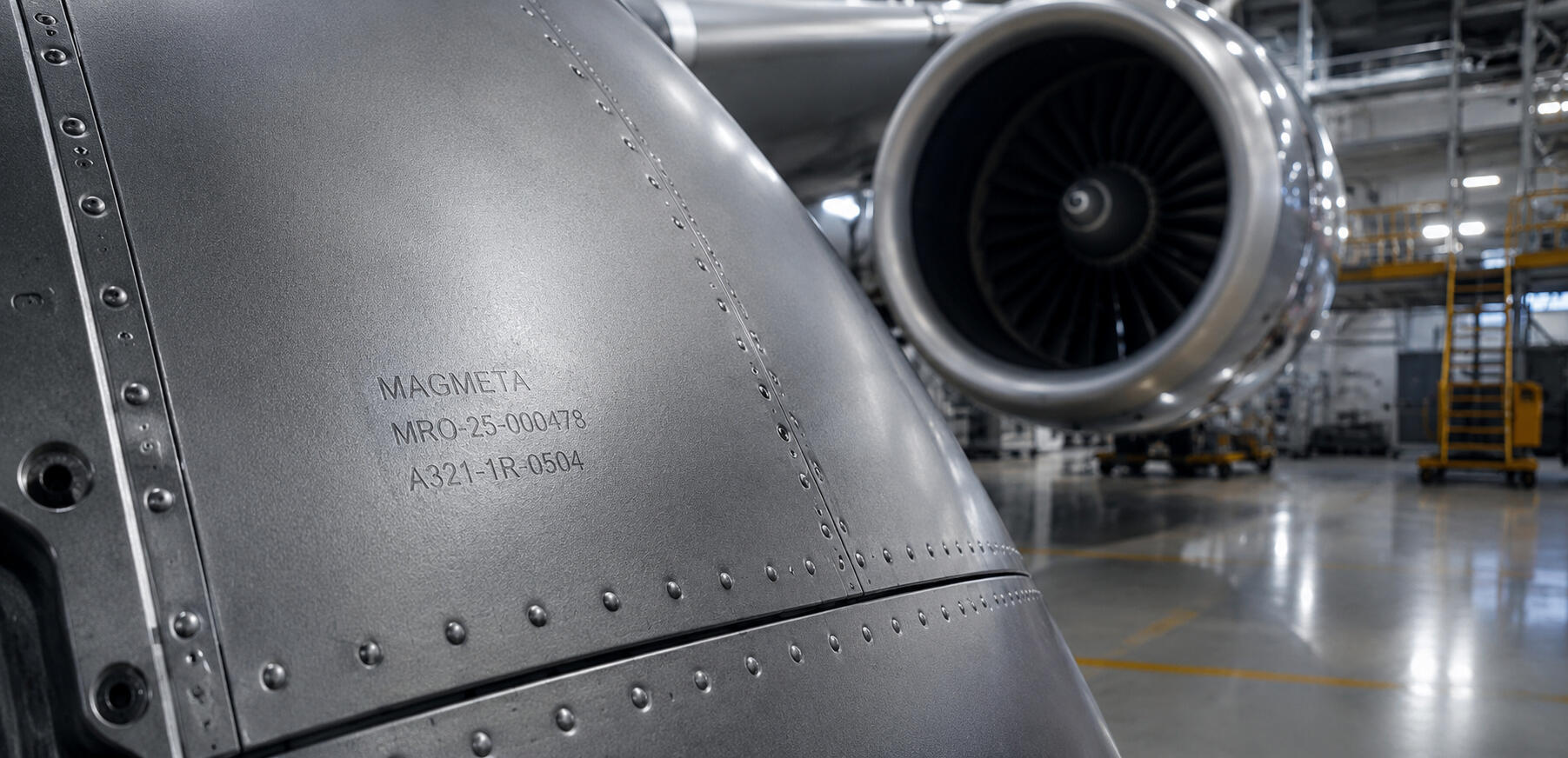 Close-up aerospace-grade metallic surface showing embedded reversible lifecycle governance marking integrated directly into the asset layer through MagMeta’s Base → Mark → Protect methodology.