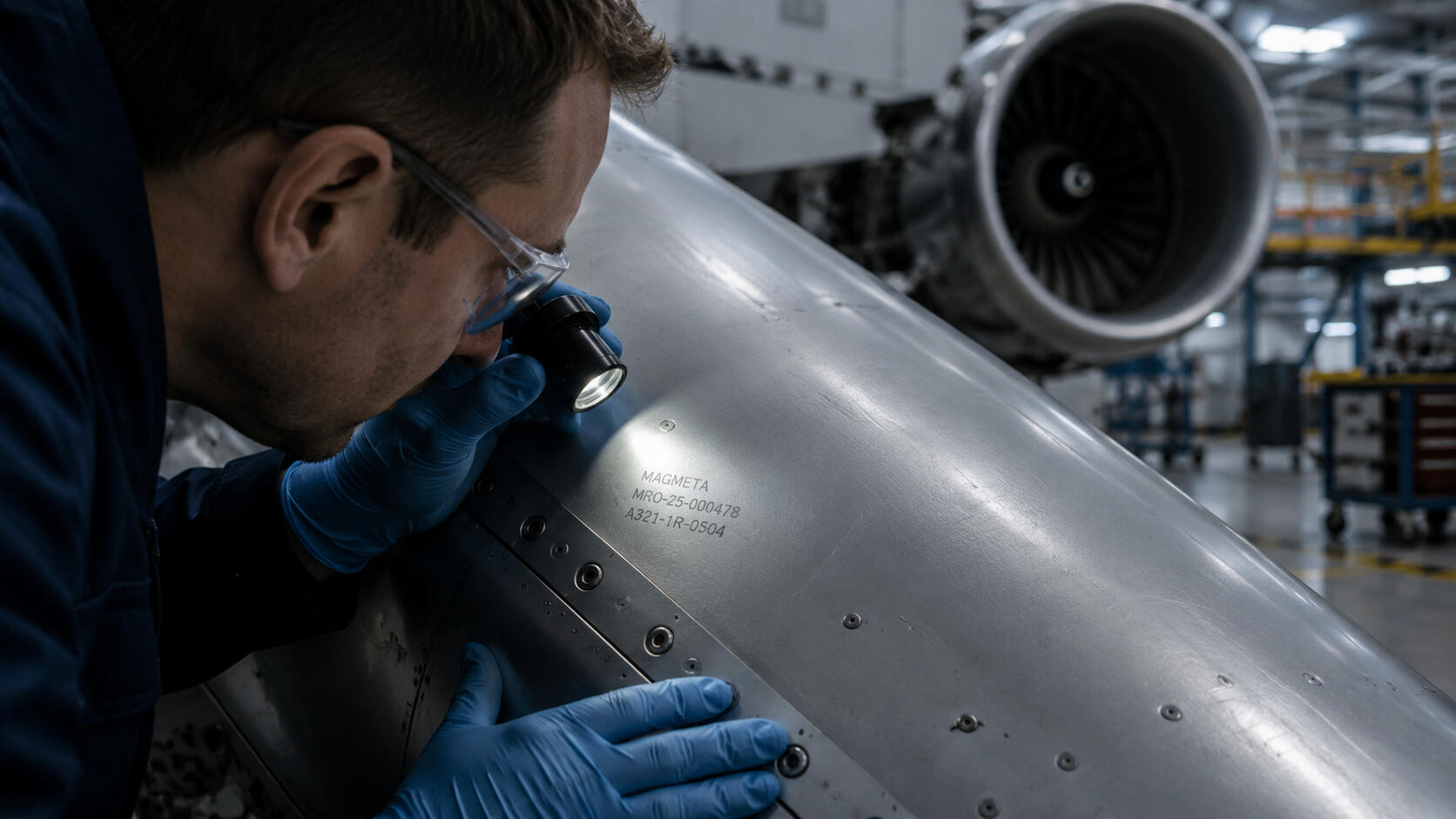 Close-up aerospace-grade metallic surface showing embedded reversible lifecycle governance marking integrated directly into the asset layer through MagMeta’s Base → Mark → Protect methodology.