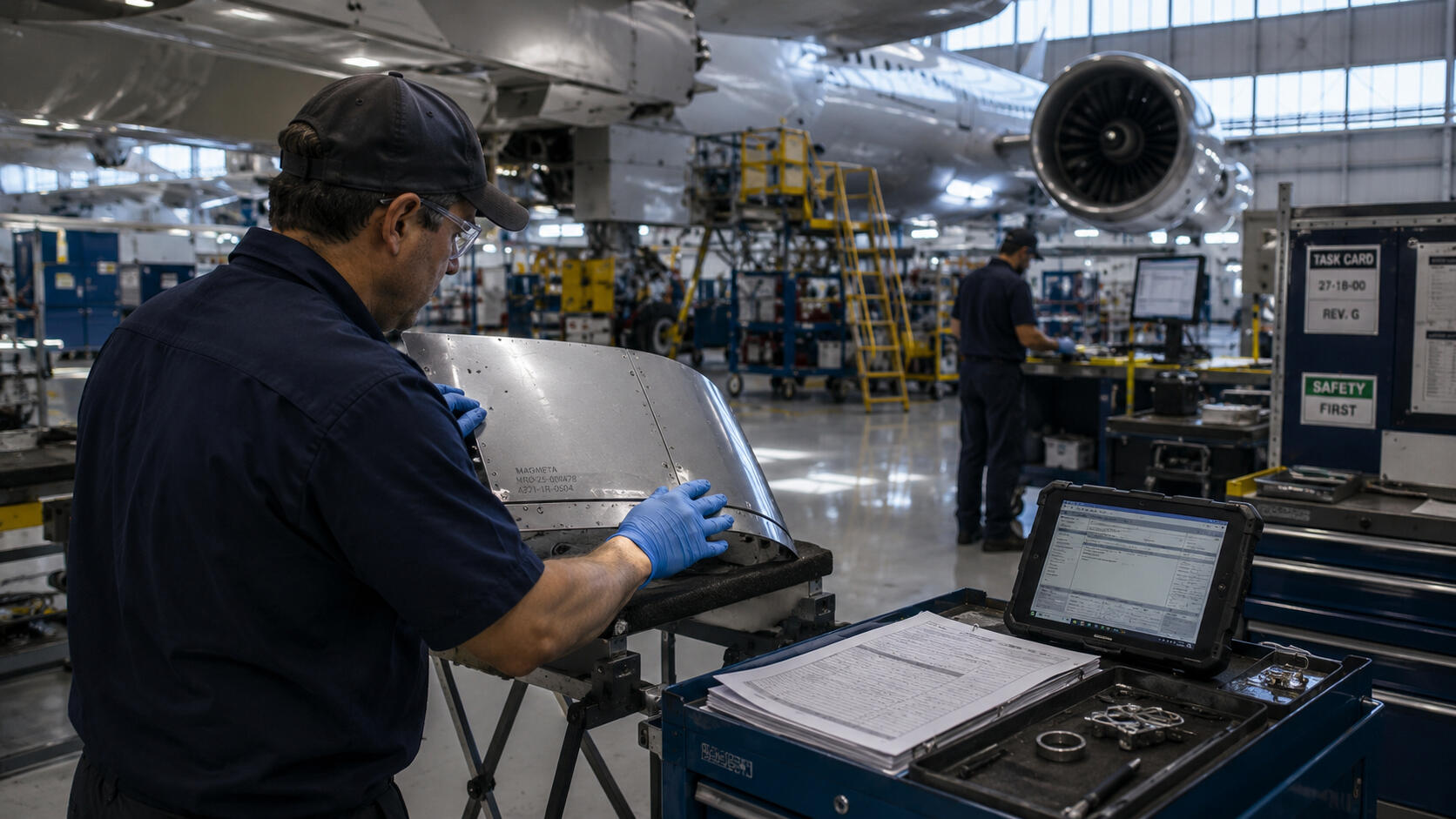 Close-up aerospace-grade metallic surface showing embedded reversible lifecycle governance marking integrated directly into the asset layer through MagMeta’s Base → Mark → Protect methodology.